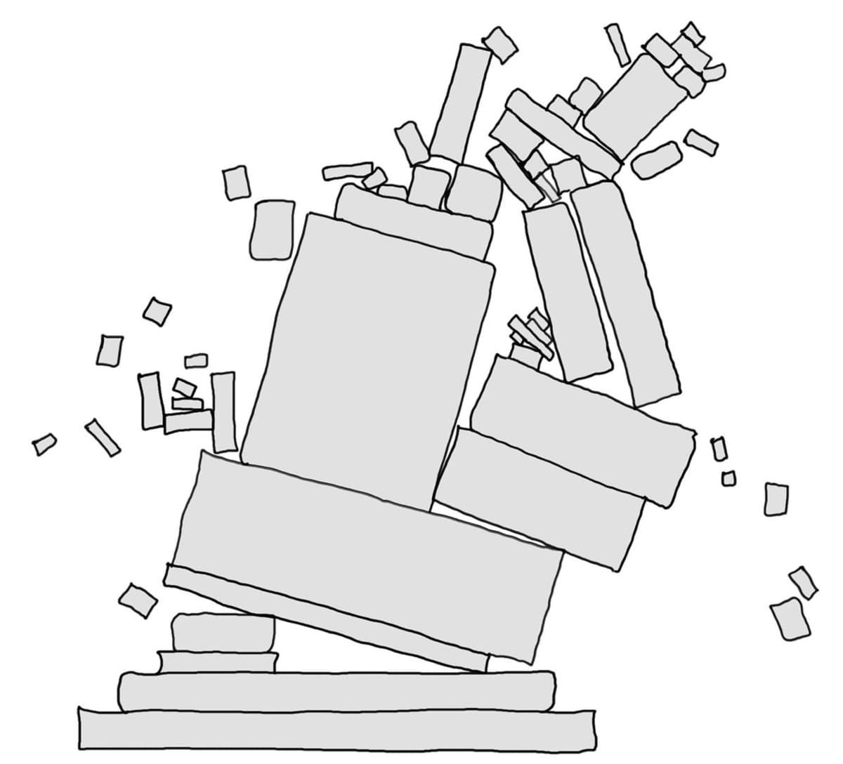 A black-and-white line drawing depicting a chaotic pile of rectangular blocks and debris, resembling a collapsed structure or a stack of boxes falling apart. The illustration uses simple outlines and light gray shading against a white background.