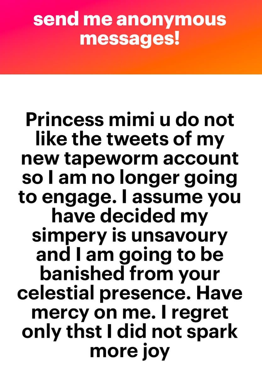 A screenshot of an anonymous message posted on a social media platform, featuring a red and orange gradient header with white text and a white body with black text.