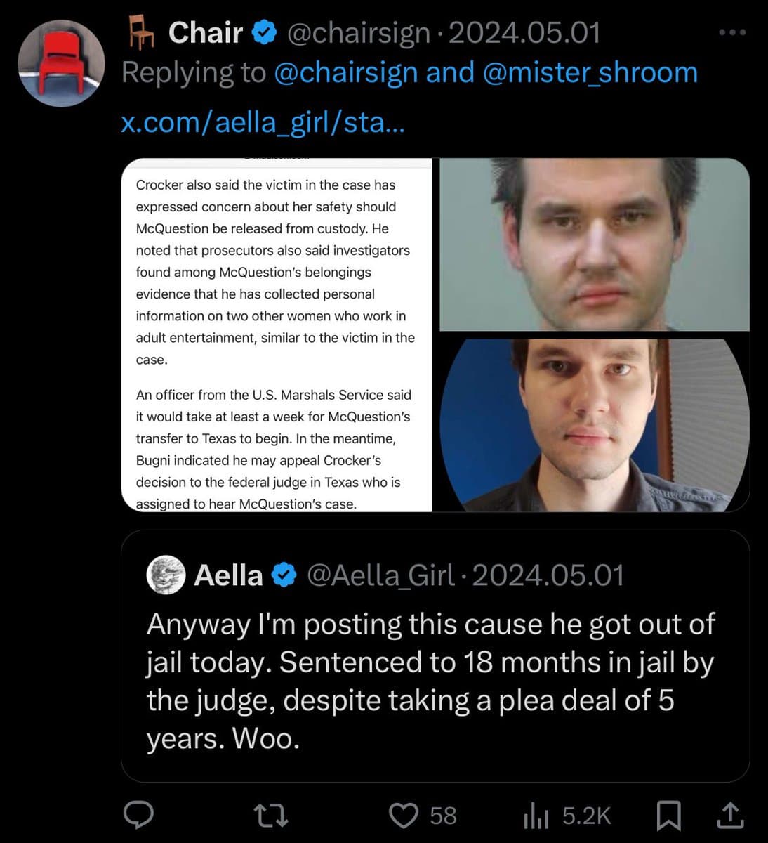 A screenshot of a Twitter thread discussing a legal case involving a person named McQuestion. The image includes a news article excerpt detailing the victim's safety concerns and a U.S. Marshals Service statement, alongside two mugshots of the defendant. A reply from user @Aella_Girl notes that the defendant was released from jail after being sentenced to 18 months despite a 5-year plea deal.
