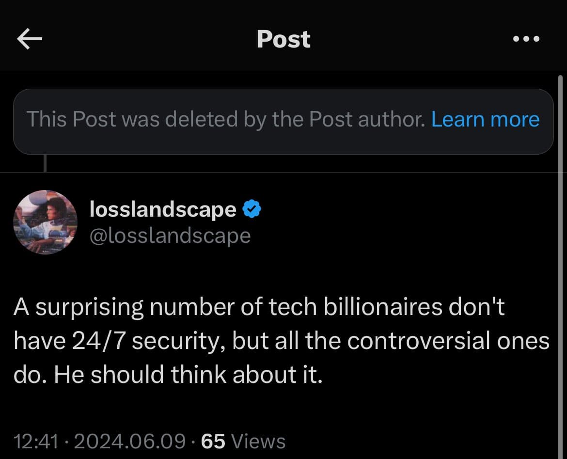 A screenshot of a deleted Twitter post by the verified account @losslandscape. The post text discusses the security arrangements of tech billionaires.