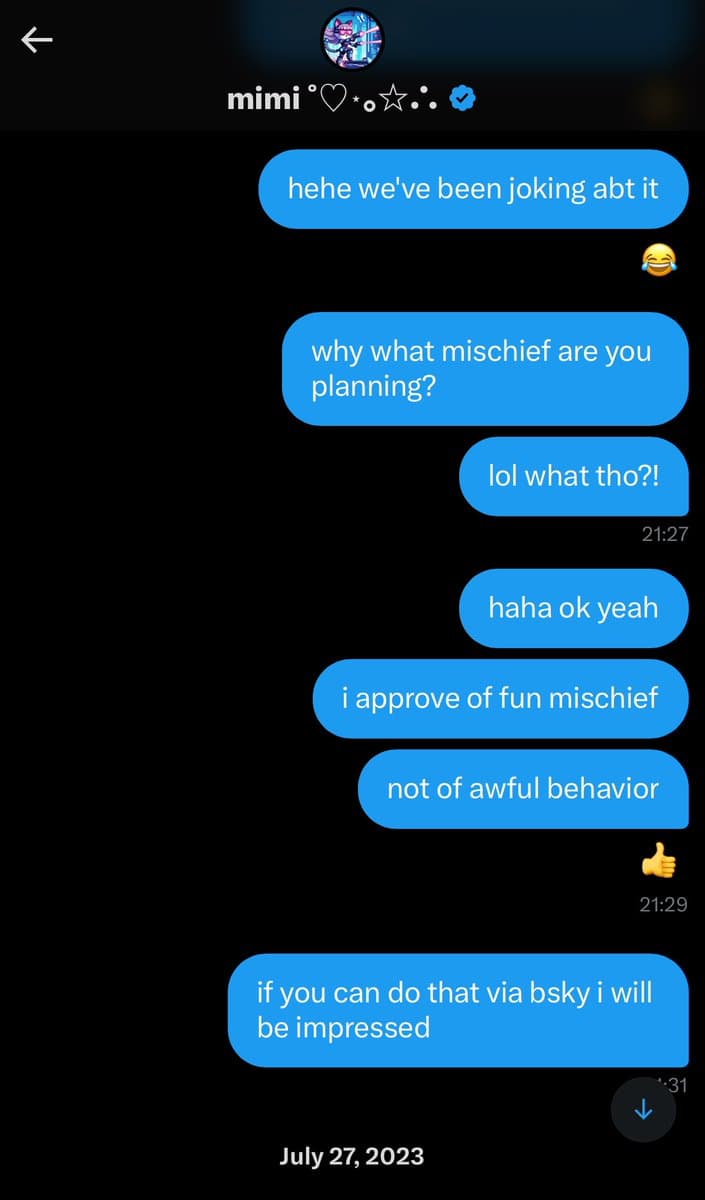 A screenshot of a one-sided chat history in a messaging app, showing only the sender's blue message bubbles against a black background. The conversation is with a user named 'mimi' and includes timestamps and a date at the bottom.