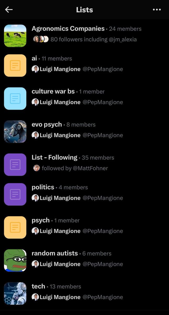 A screenshot of a Twitter 'Lists' page in dark mode, displaying a vertical list of various user-created lists. Each entry shows a list icon, name, member count, and the creator's profile information.