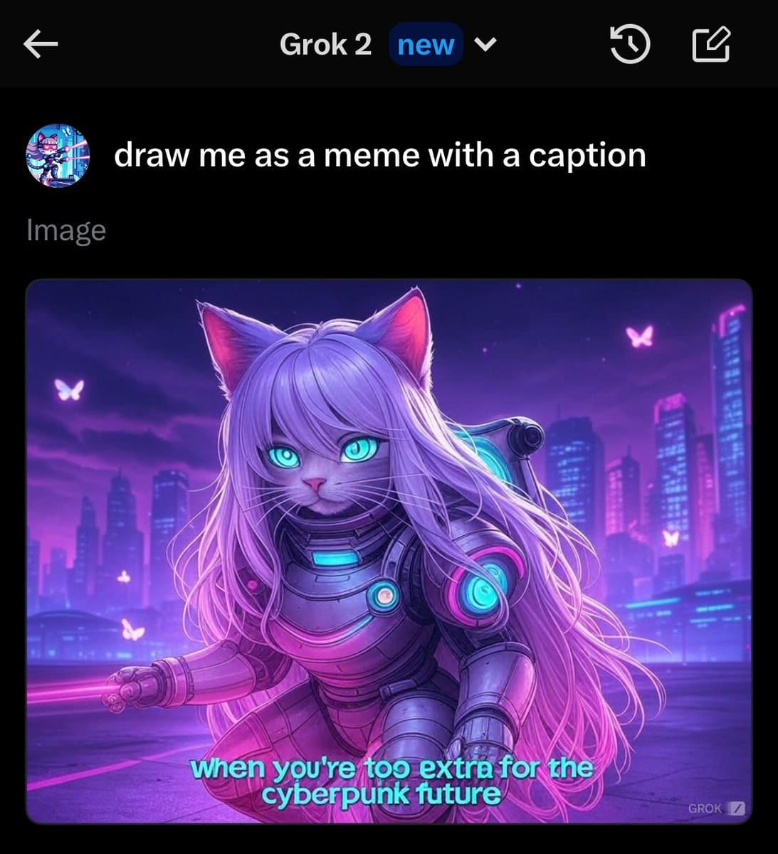 A screenshot of a Grok 2 AI image generation interface showing a user's prompt and the resulting artwork. The generated image is a cyberpunk-style illustration of a cat with long purple hair and glowing blue eyes, wearing futuristic armor against a neon city skyline. The image includes a caption at the bottom.
