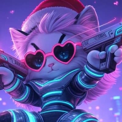 A stylized digital illustration of a white cat wearing a Santa hat, heart-shaped sunglasses, and a futuristic suit with glowing blue stripes, holding two guns in a cyberpunk setting. The image is a 3D-rendered character art piece with a vibrant purple and pink color palette.