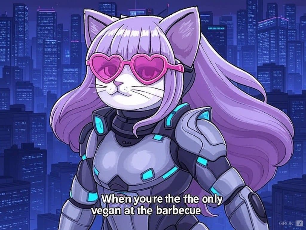 A digital illustration of an anthropomorphic cat with long purple hair, cat ears, and pink heart-shaped sunglasses, wearing futuristic silver and black armor against a nighttime city skyline. The image includes a caption at the bottom. In the bottom right corner, there is a small "GROK" logo.