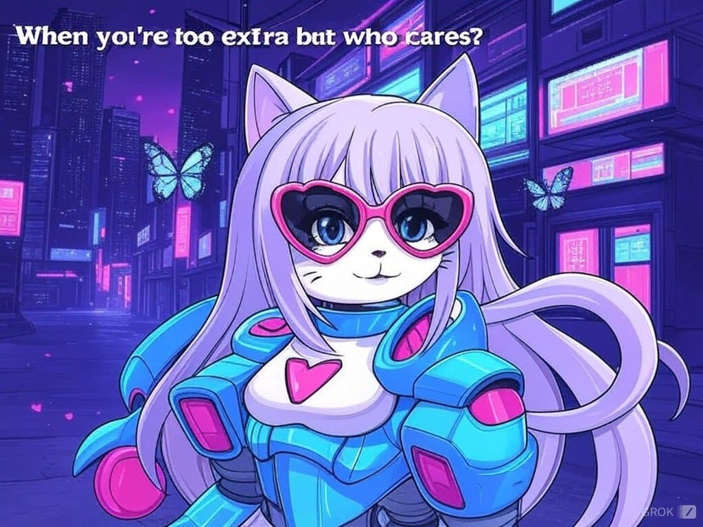 A digital illustration of a stylized, anime-style cat character with long white hair, wearing heart-shaped sunglasses and futuristic blue armor, set against a neon-lit cyberpunk cityscape. The image includes a caption at the top and a watermark in the bottom right corner.