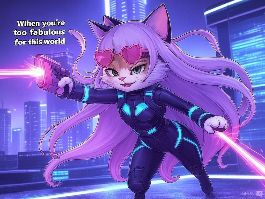A digital illustration of a stylized, anthropomorphic cat character with long purple hair, cat ears, and heart-shaped sunglasses, wearing a futuristic black and blue suit and holding a glowing pink weapon. The character is posed dynamically against a neon-lit, futuristic cityscape background. In the upper left corner, there is white text that reads, 'When you're too fabulous for this world.'