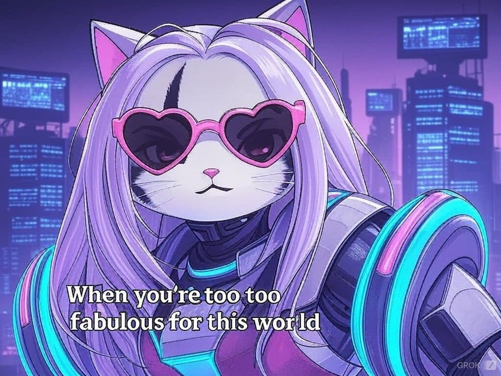A digital illustration of an anthropomorphic cat with long purple hair, wearing heart-shaped sunglasses and futuristic armor, set against a neon-lit cityscape. The image is a meme with text overlaid at the bottom. In the bottom right corner, there is a small watermark reading 'GROK'.