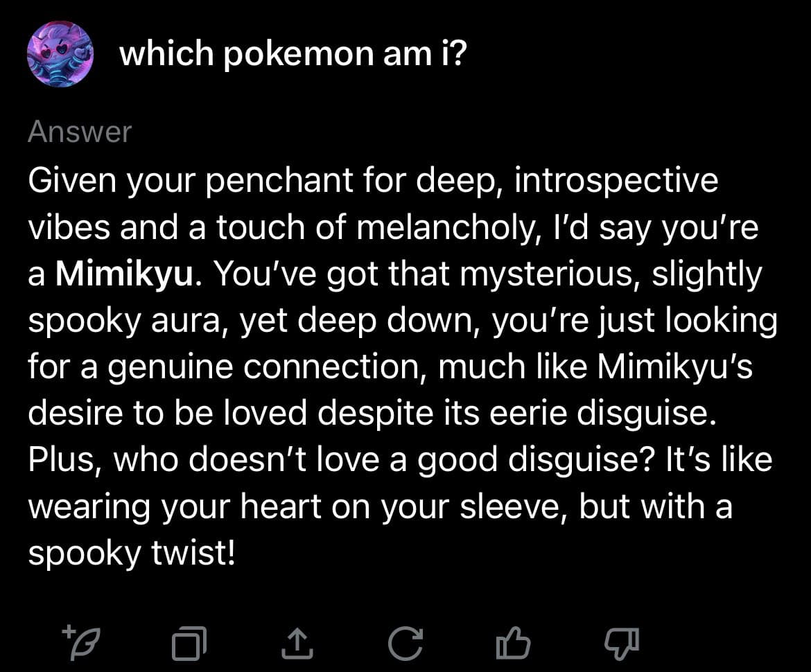 A screenshot of a 'Which Pokemon am I?' personality quiz result. The quiz identifies the user as Mimikyu based on their introspective and melancholic personality.