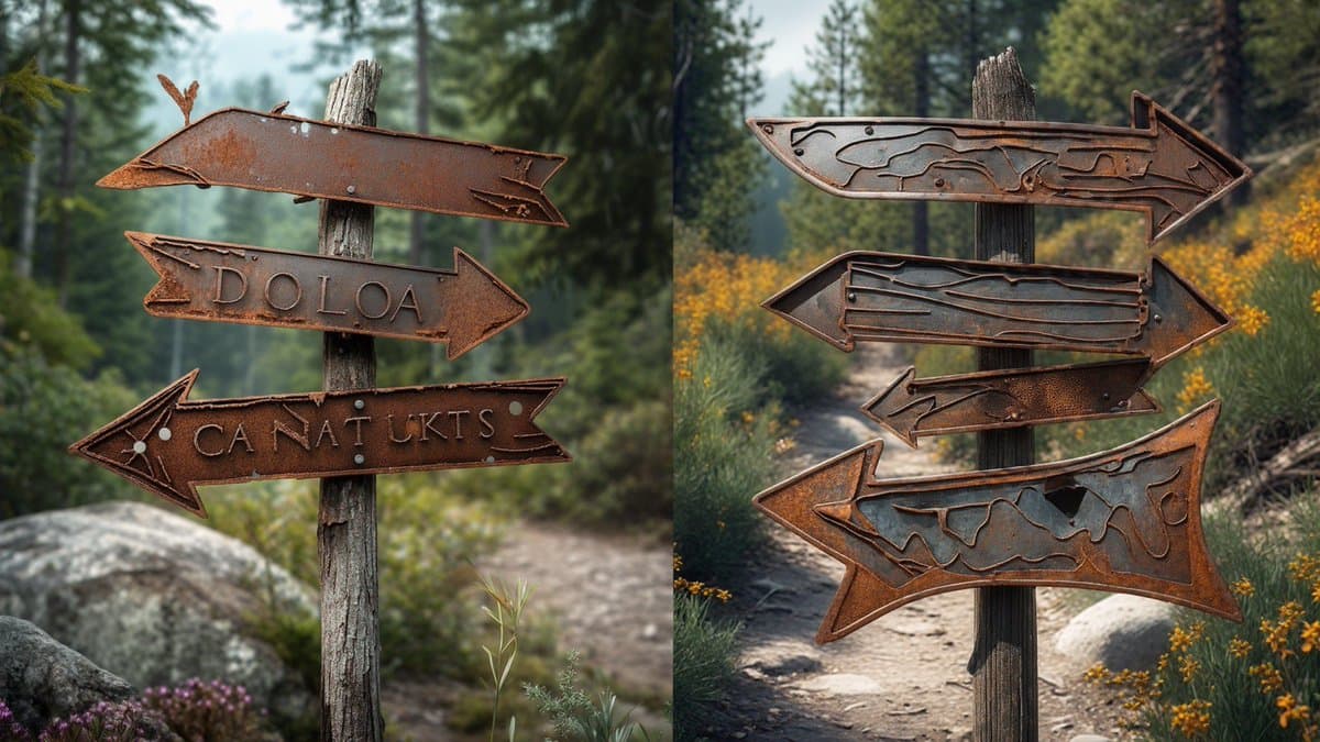 A side-by-side comparison of two AI-generated images showing rustic, rusted metal trail signs mounted on wooden posts in a forest setting. The left image features signs with legible text, while the right image shows similar signs with abstract, carved patterns.