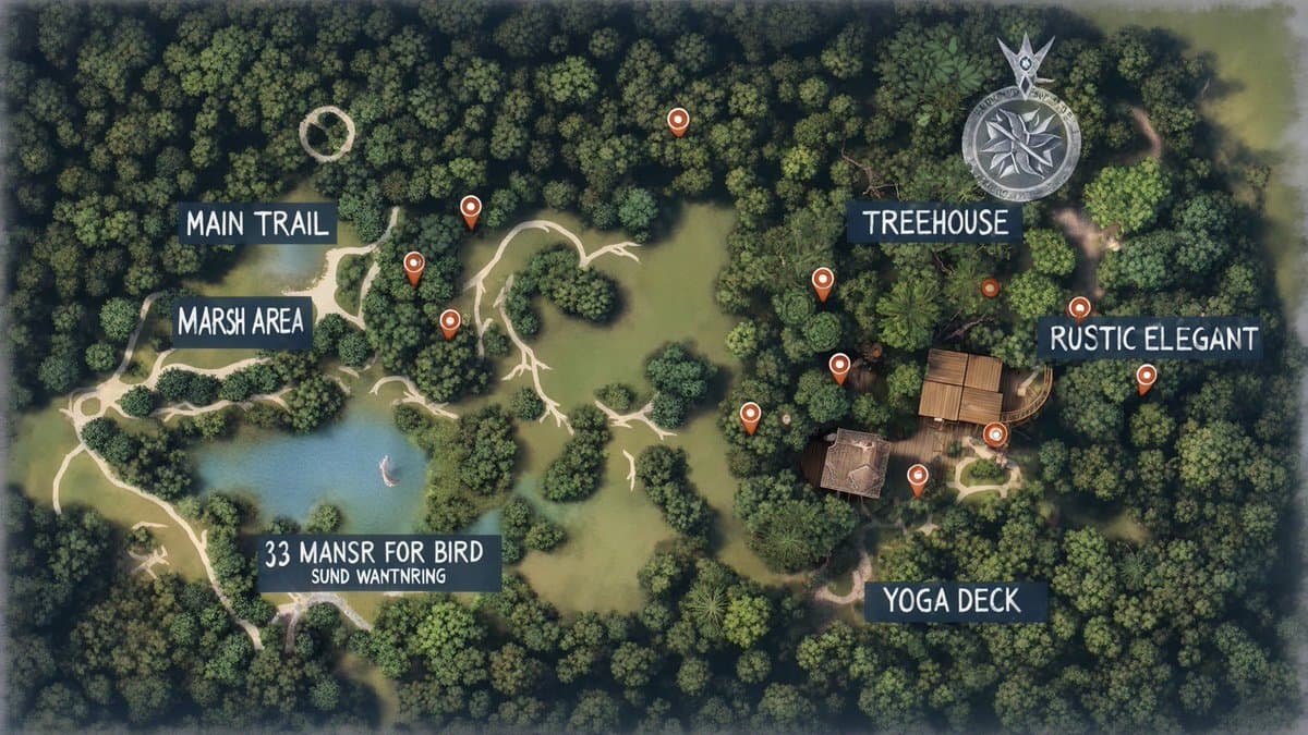 A top-down, stylized map of a forested property design concept, showing a lake, trails, and various structures marked with orange pins and text labels. The image appears to be a digital concept board or game-style map used for brainstorming a property layout.