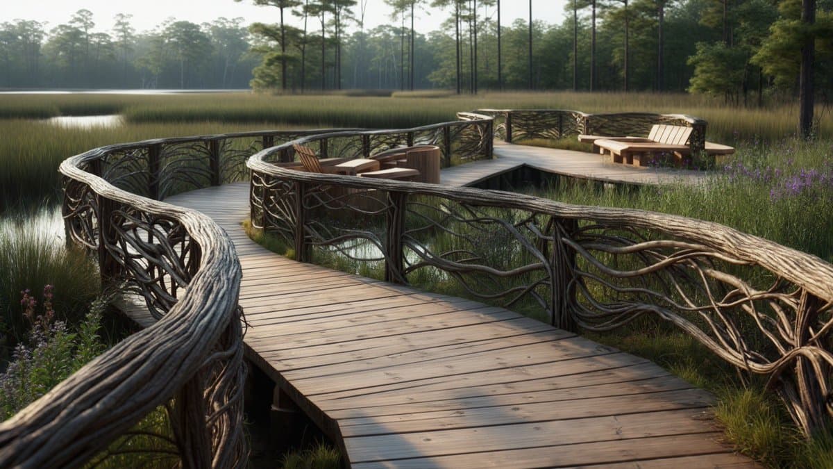 A digital rendering of a winding wooden boardwalk with organic, branch-like railings that curves through a marshy landscape toward a forest. The path leads to a viewing platform equipped with rustic wooden benches and tables, surrounded by tall grasses and wildflowers.