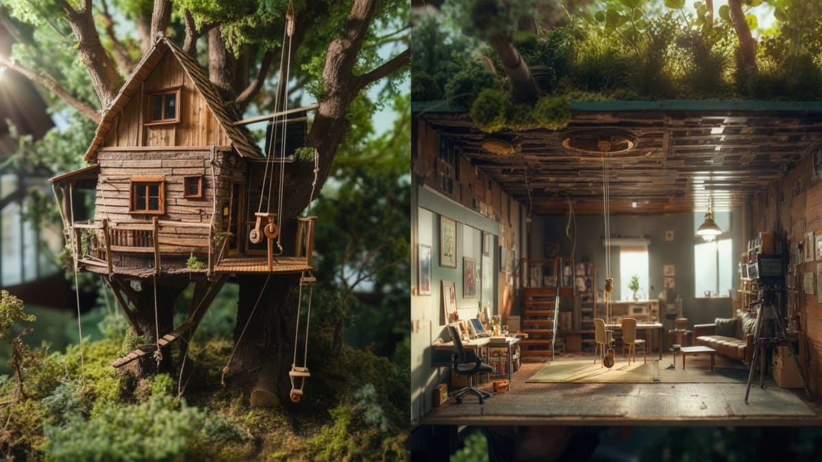 A split-screen image displaying two AI-generated concepts for a treehouse property. The left panel shows a rustic wooden treehouse exterior built into a large tree, while the right panel reveals the interior, which features a green roof, a work desk, a sofa, and a camera on a tripod.