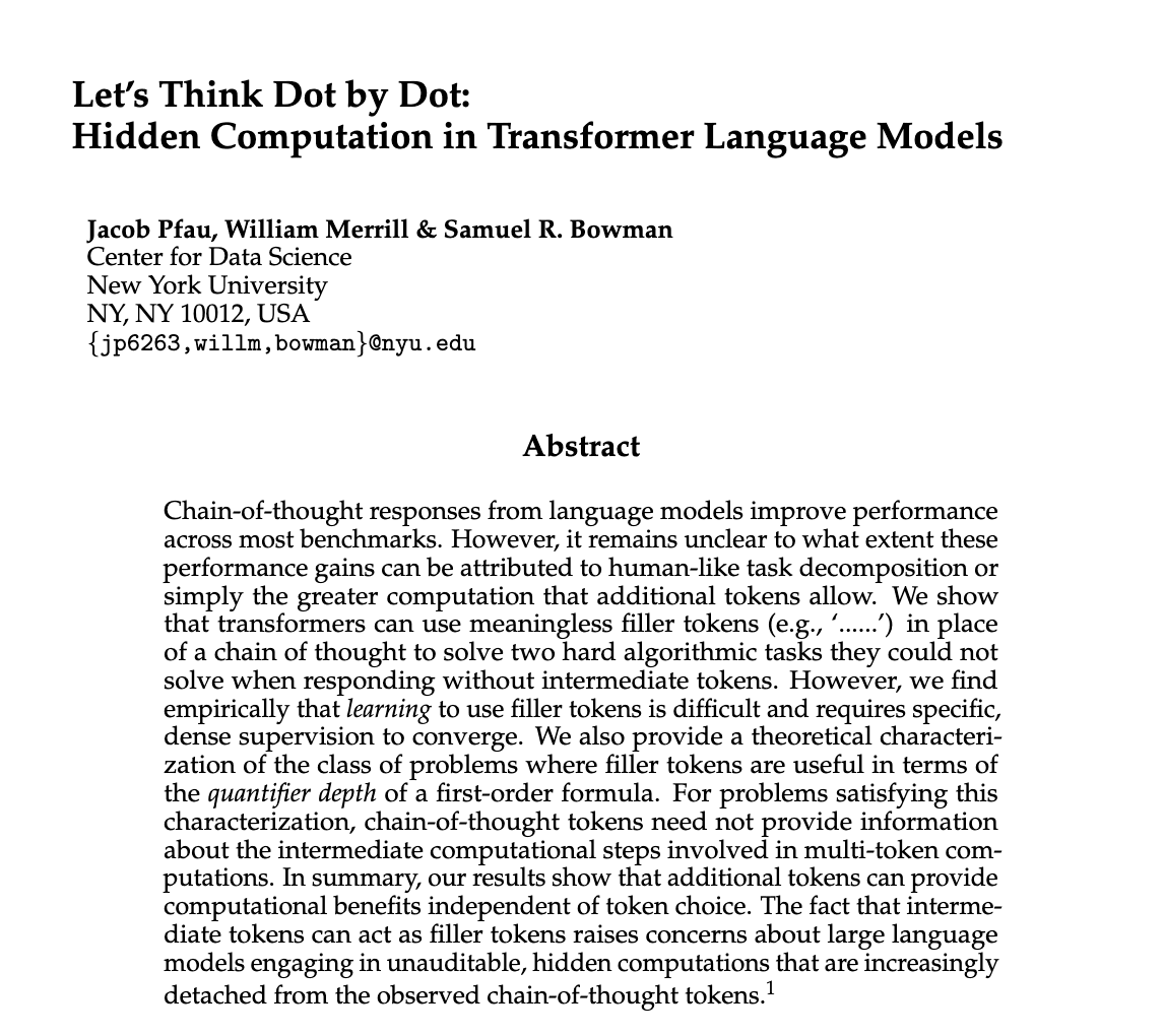 A screenshot of the title page and abstract of an academic paper. The document is titled "Let's Think Dot by Dot: Hidden Computation in Transformer Language Models" and lists authors from New York University.