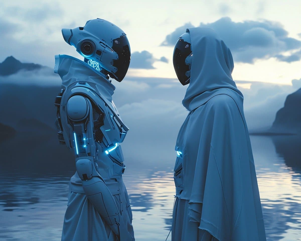 A digital illustration of two futuristic figures standing face-to-face by a body of water at dusk. The figure on the left wears a white, robotic suit with glowing blue lights and a helmet featuring a camera lens, while the figure on the right is draped in a white hooded cloak with a dark, reflective visor. The background shows a misty landscape with mountains and a cloudy sky.