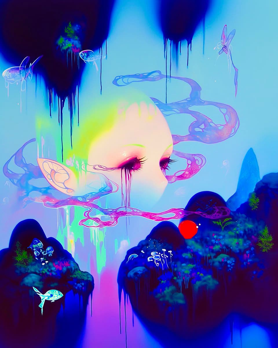 A surreal digital illustration featuring a large, pale face with closed eyes and dripping paint, set against a vibrant blue background with floating jellyfish, a dragonfly, and dark, dripping landscape elements.