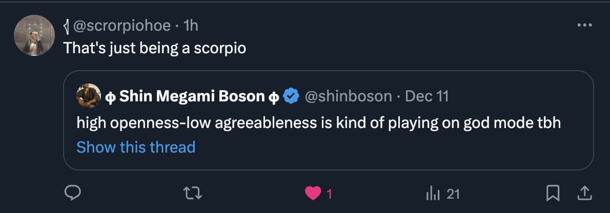 A screenshot of a Twitter conversation showing a reply to a quoted tweet. The top tweet is from user @scorpiohoe, and the quoted tweet is from verified user Shin Megami Boson (@shinboson).