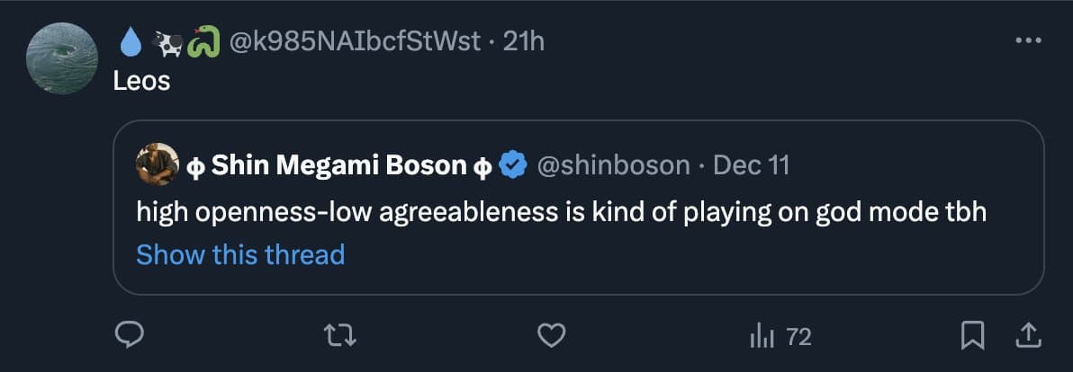 A screenshot of a Twitter post by user @k985NAIbcfStWst, which quotes a tweet from @shinboson. The quoted tweet discusses personality traits in the context of astrology.