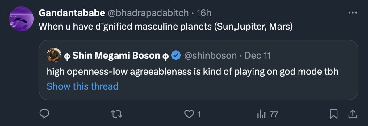 A screenshot of a Twitter thread featuring a quote tweet. The top tweet by user Gandantababe references dignified masculine planets, while the quoted tweet by Shin Megami Boson discusses personality traits.