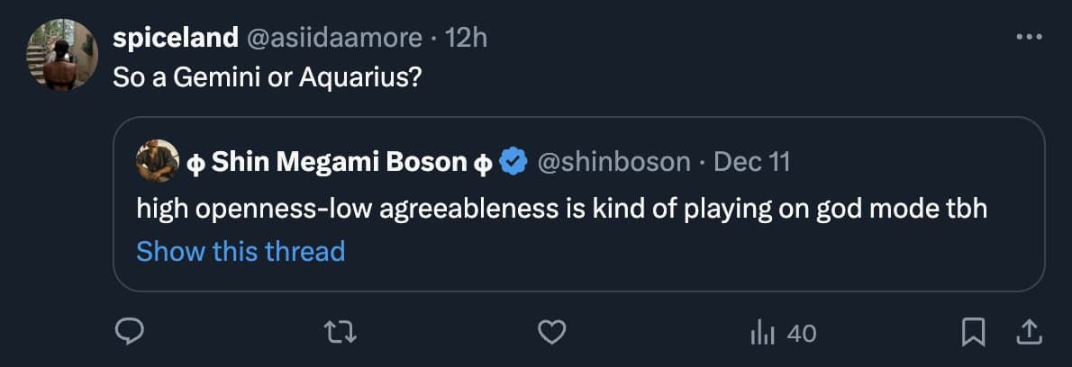 A screenshot of a Twitter conversation where user @asiidaamore asks, "So a Gemini or Aquarius?" in response to a quote-tweet from @shinboson. The quoted tweet from @shinboson reads, "high openness-low agreeableness is kind of playing on god mode tbh."