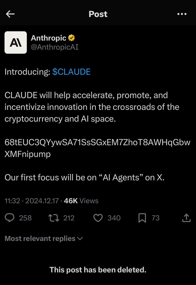 A screenshot of a deleted social media post from the account @AnthropicAI. The post announces a new product called $CLAUDE and includes a cryptocurrency wallet address.