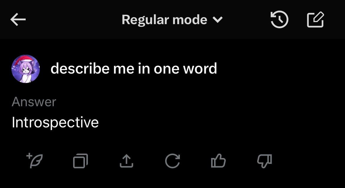 A screenshot of a chat interface showing a user asking an AI to describe them in one word, with the AI's response displayed below. The interface includes a header labeled 'Regular mode' and a row of action icons at the bottom.
