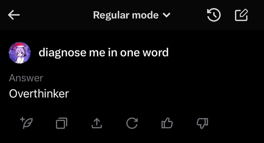 A screenshot of a chat interface showing a user's prompt and the AI's response. The user asks to be diagnosed in one word, and the AI responds with 'Overthinker'.