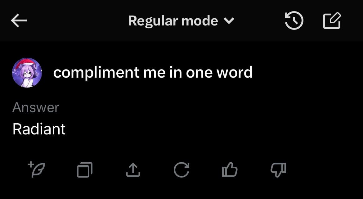 A screenshot of a social media post interface in dark mode, showing a user's profile picture and a prompt with a response. The post asks for a one-word compliment, and the provided answer is 'Radiant'.
