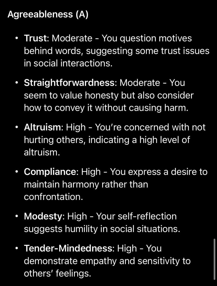 A screenshot of a text-based personality analysis, specifically detailing the 'Agreeableness (A)' trait with sub-categories. The text is white on a black background, formatted as a bulleted list.