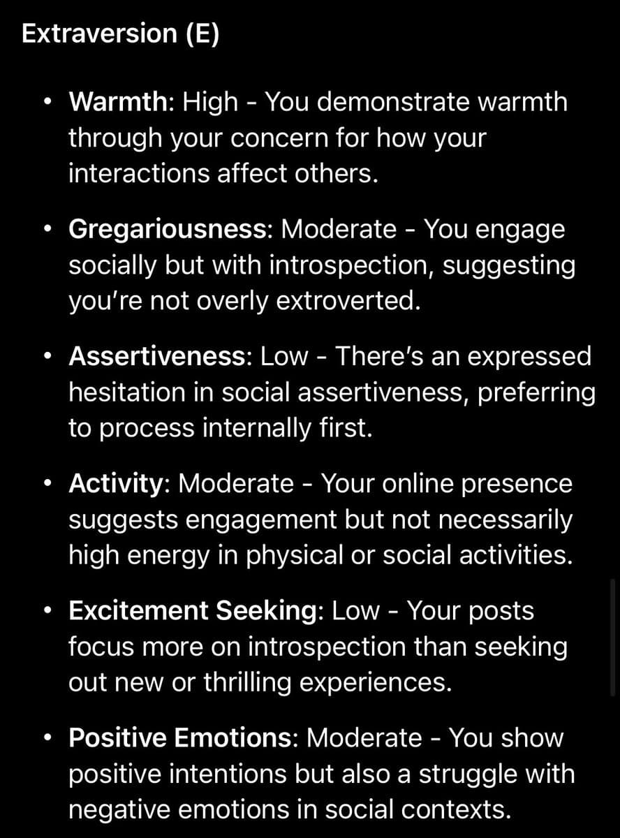 A screenshot of a text-based personality analysis, likely generated by an AI, detailing traits under the category 'Extraversion (E)'. The text is displayed in white on a black background.