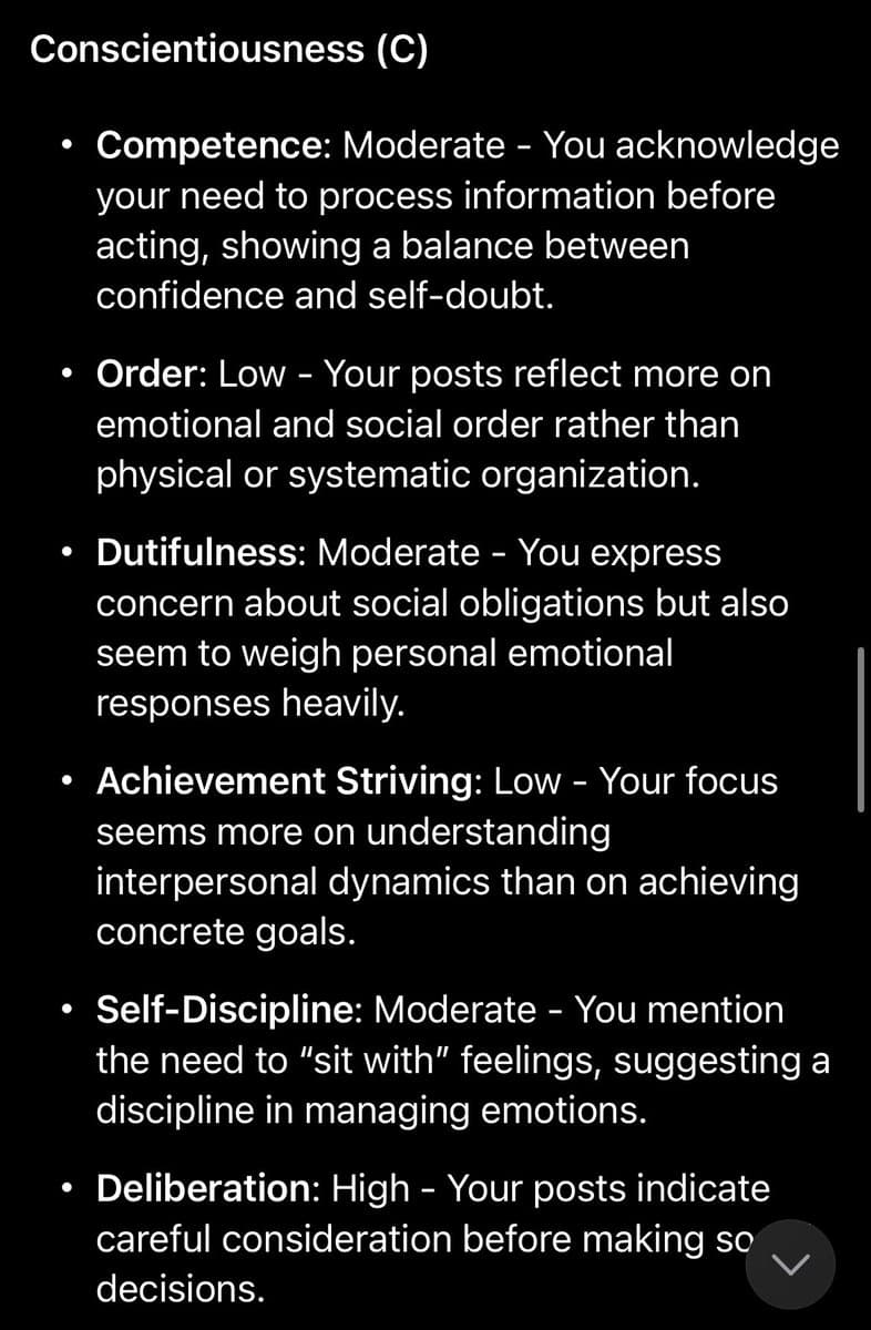A screenshot of a text-based personality analysis titled 'Conscientiousness (C)' on a black background. The image lists several sub-traits with their levels and brief descriptions.