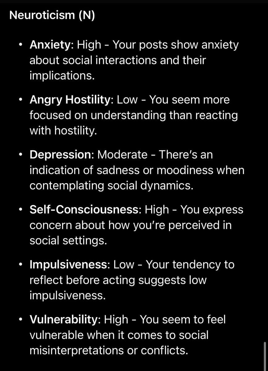 A text-based image on a black background listing psychological traits under the heading 'Neuroticism (N)'. It provides a bulleted breakdown of six sub-traits with their levels (High, Low, or Moderate) and brief explanations.