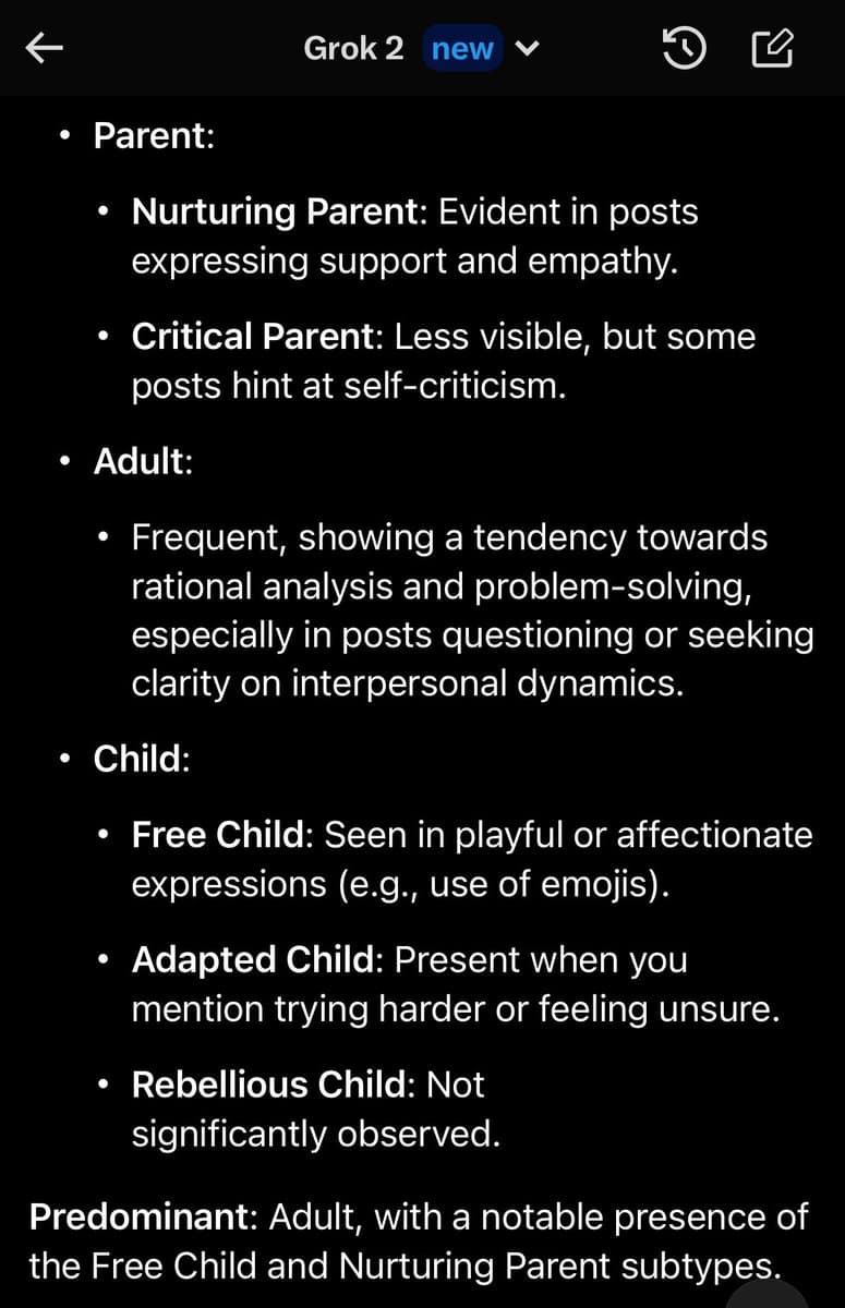 A screenshot of a mobile app interface displaying a text-based psychological analysis of a user's social media posts, categorized by ego states (Parent, Adult, Child). The text is presented in a bulleted list format on a dark background.