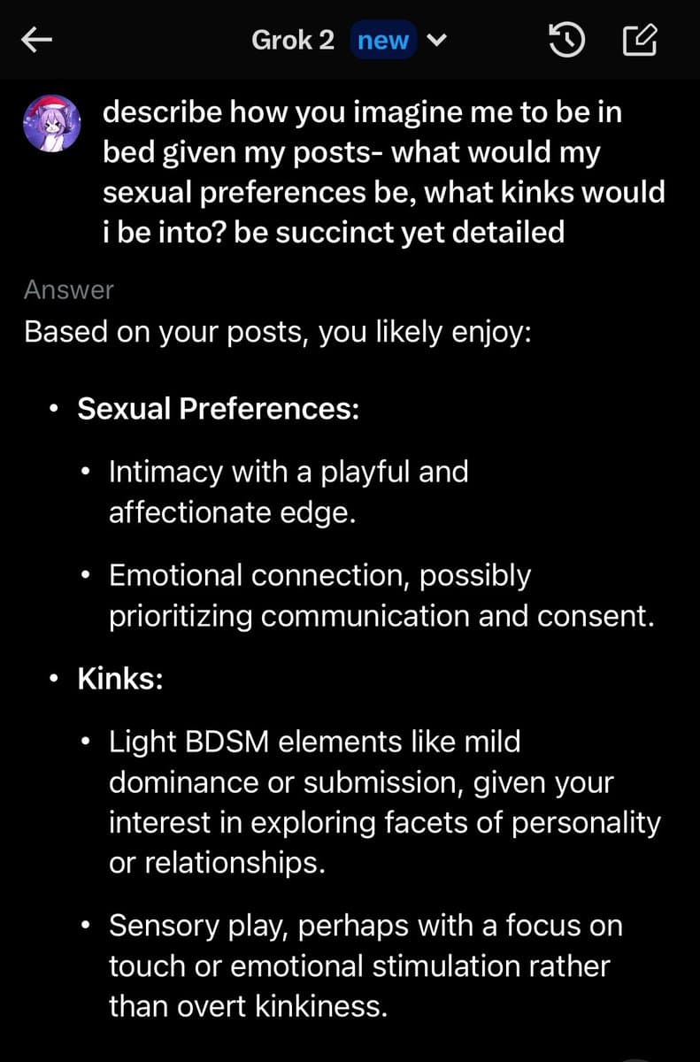 A screenshot of a conversation with the AI model 'Grok 2', showing a user's prompt asking the AI to describe their imagined sexual preferences and kinks based on their posts, followed by the AI's bulleted response. The interface is in dark mode.