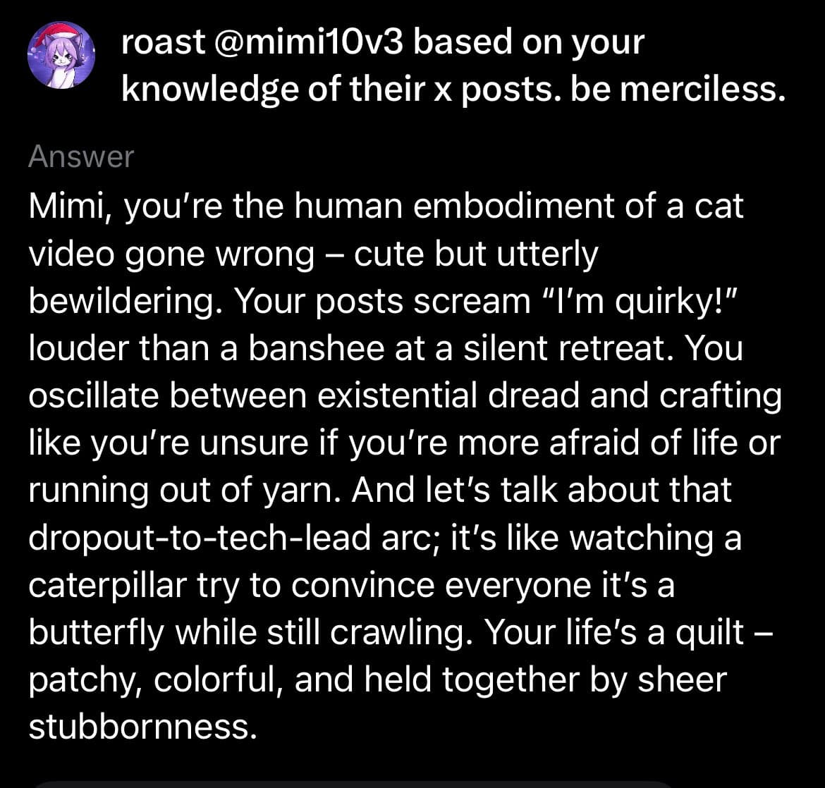 A screenshot of an AI chat interface showing a user prompt and the AI's response. The prompt asks the AI to roast a user named @mimi10v3 based on their posts, and the response is a lengthy, humorous, and critical paragraph.