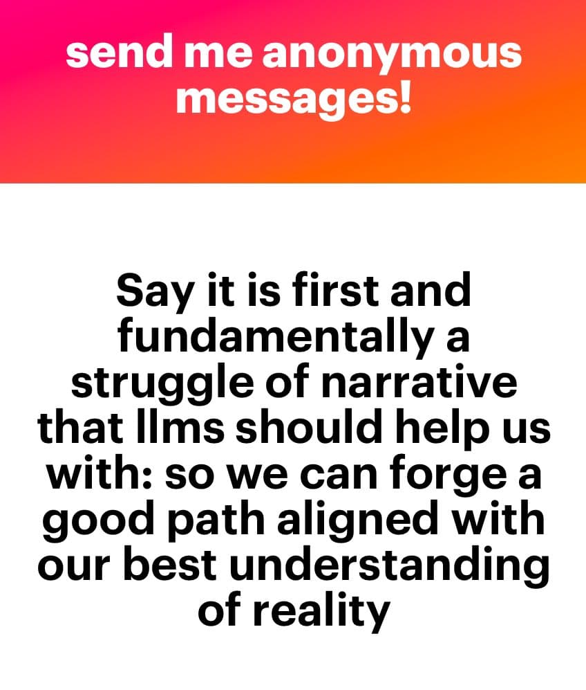 A screenshot of an anonymous message (NGL) card with a pink-to-orange gradient header and a white body containing black text.
