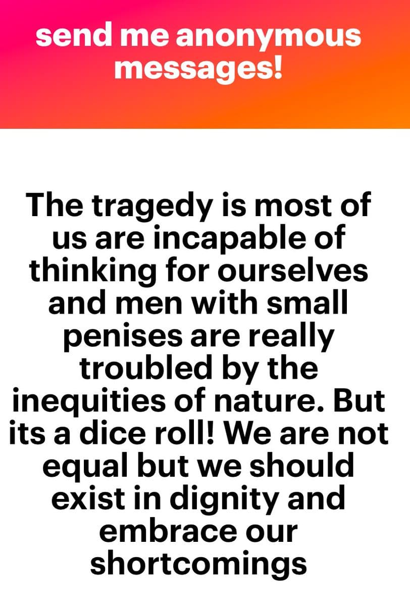A screenshot of an anonymous message (NGL) displayed on a white background with a red and orange gradient header. The image contains a text-based message about personal insecurities and self-acceptance.