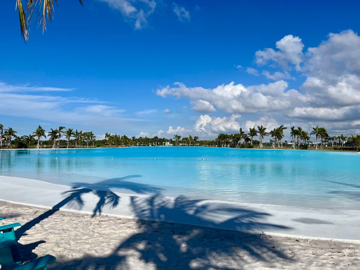 A wide outdoor shot of a large, bright blue swimming pool surrounded by a line of palm trees under a blue sky with white clouds. The foreground features a white concrete deck and sandy ground with the shadow of a palm tree cast across it.