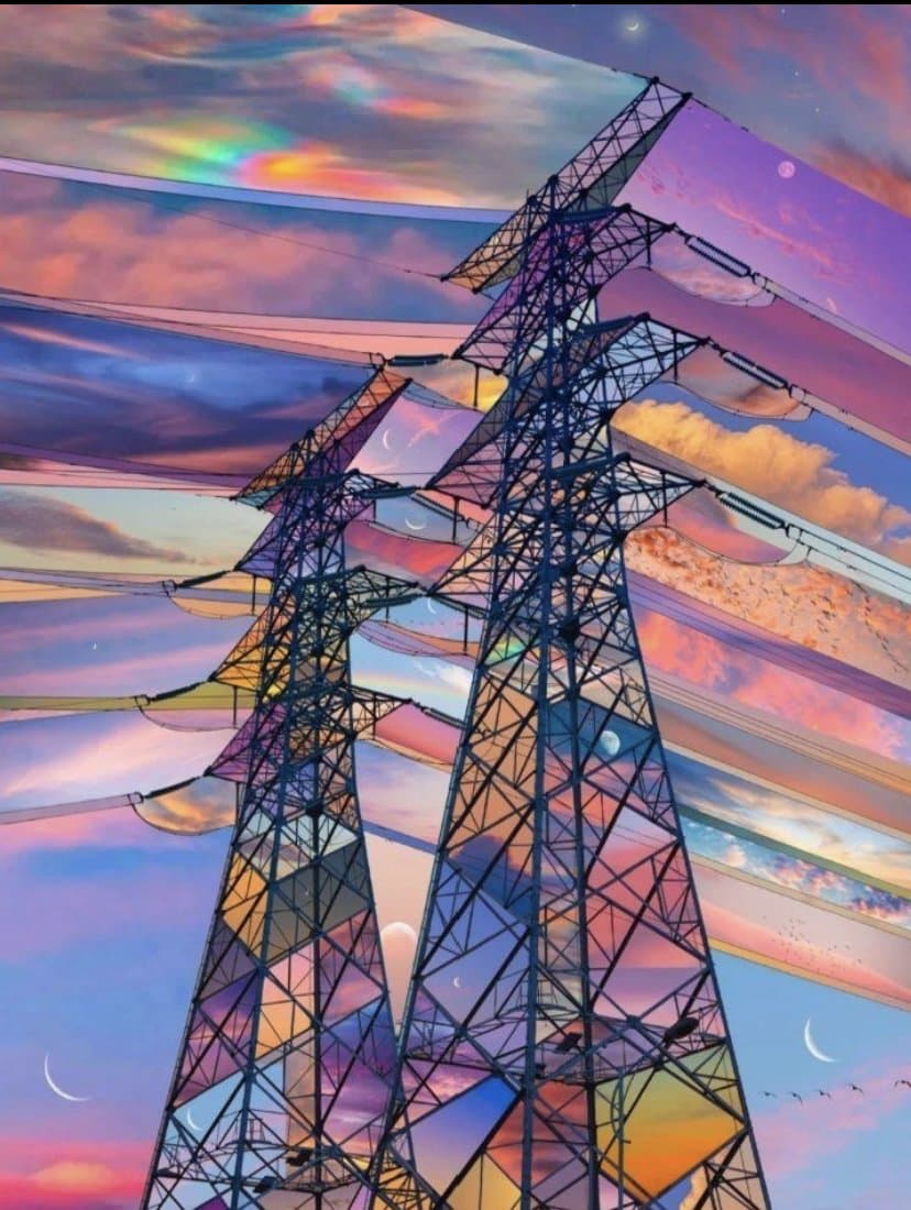 A digital artwork depicting two electricity transmission towers constructed from stained glass panels, set against a surreal, multi-layered sky filled with pastel clouds and crescent moons.