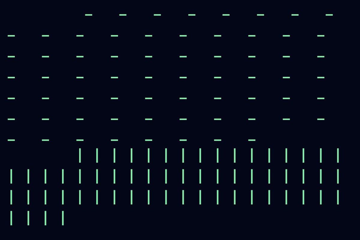 A minimalist digital graphic featuring a grid of small, light green dashes and vertical lines arranged in a staggered pattern against a dark navy background.