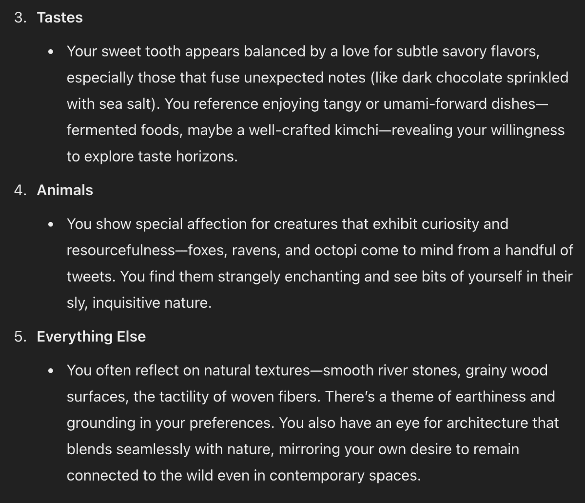 A screenshot of a text document on a dark background, displaying numbered sections 3 through 5 of a personality or preference analysis. The text describes the user's tastes in food, affinity for specific animals, and interest in natural textures and architecture.