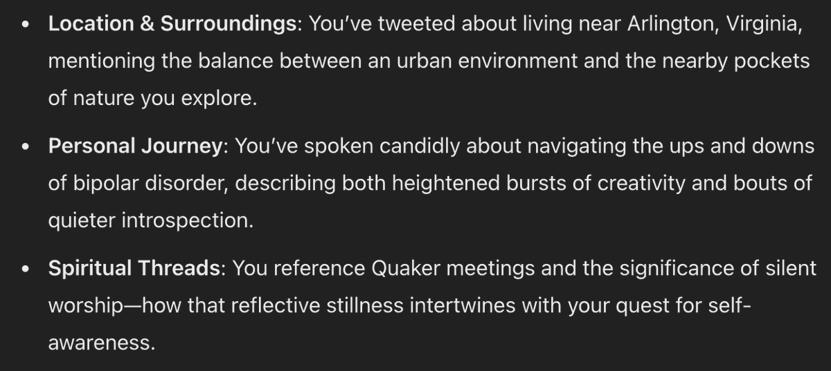 A screenshot of a text-based profile summary on a dark background, featuring three bullet points about a user's location, personal health journey, and spiritual interests.