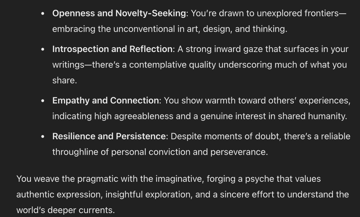 A screenshot of a text-based personality analysis or profile, displayed in white text on a dark background. It lists four key traits with descriptions and concludes with a summary paragraph.