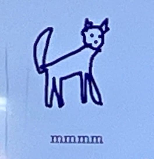 A simple line drawing of a cat in blue ink on a light blue background, with the word "mrmrm" written below it.