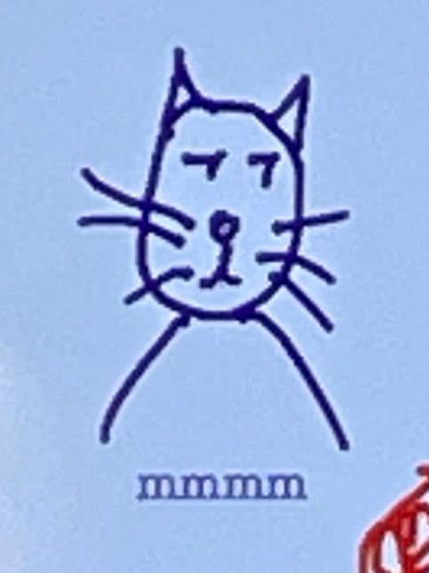 A simple, hand-drawn line drawing of a cat's face in blue ink on a light blue background, with the text "mmmm" written below it.