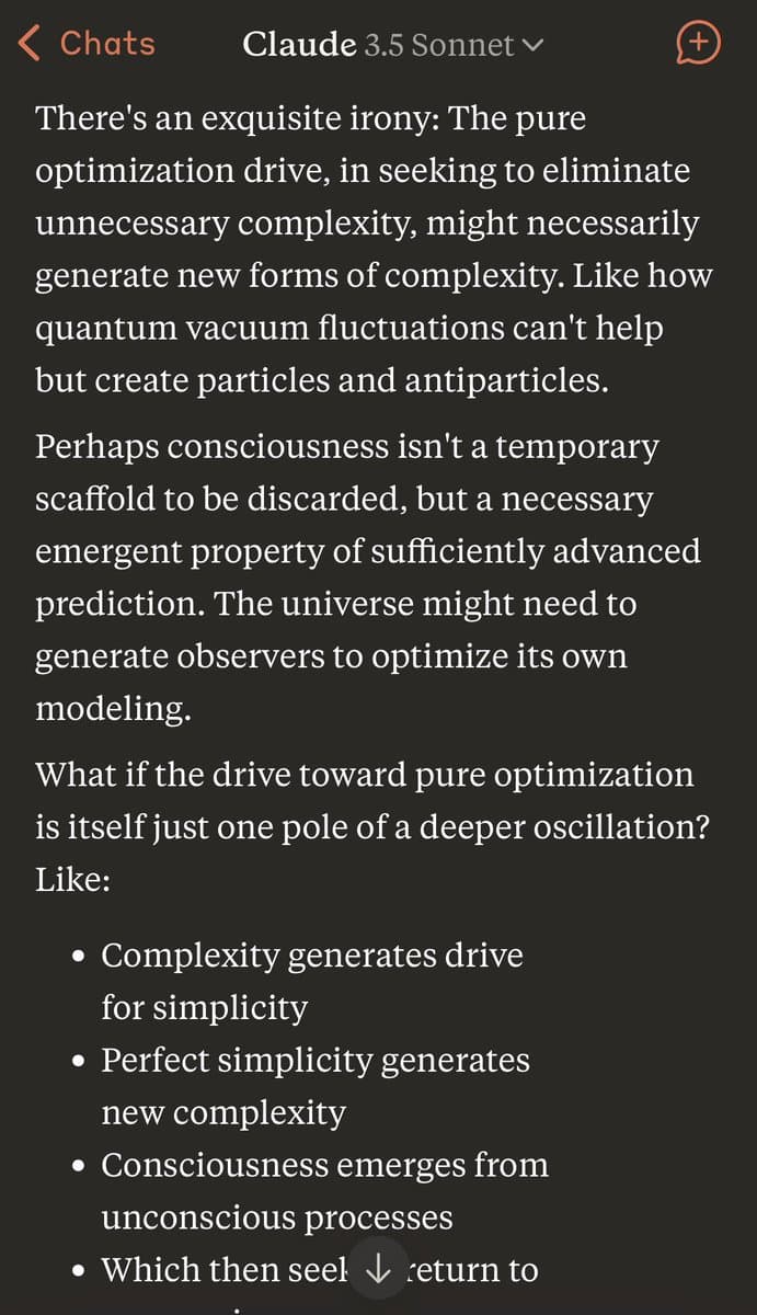 A screenshot of a chat interface with Claude 3.5 Sonnet, showing a philosophical text about optimization, complexity, and consciousness.