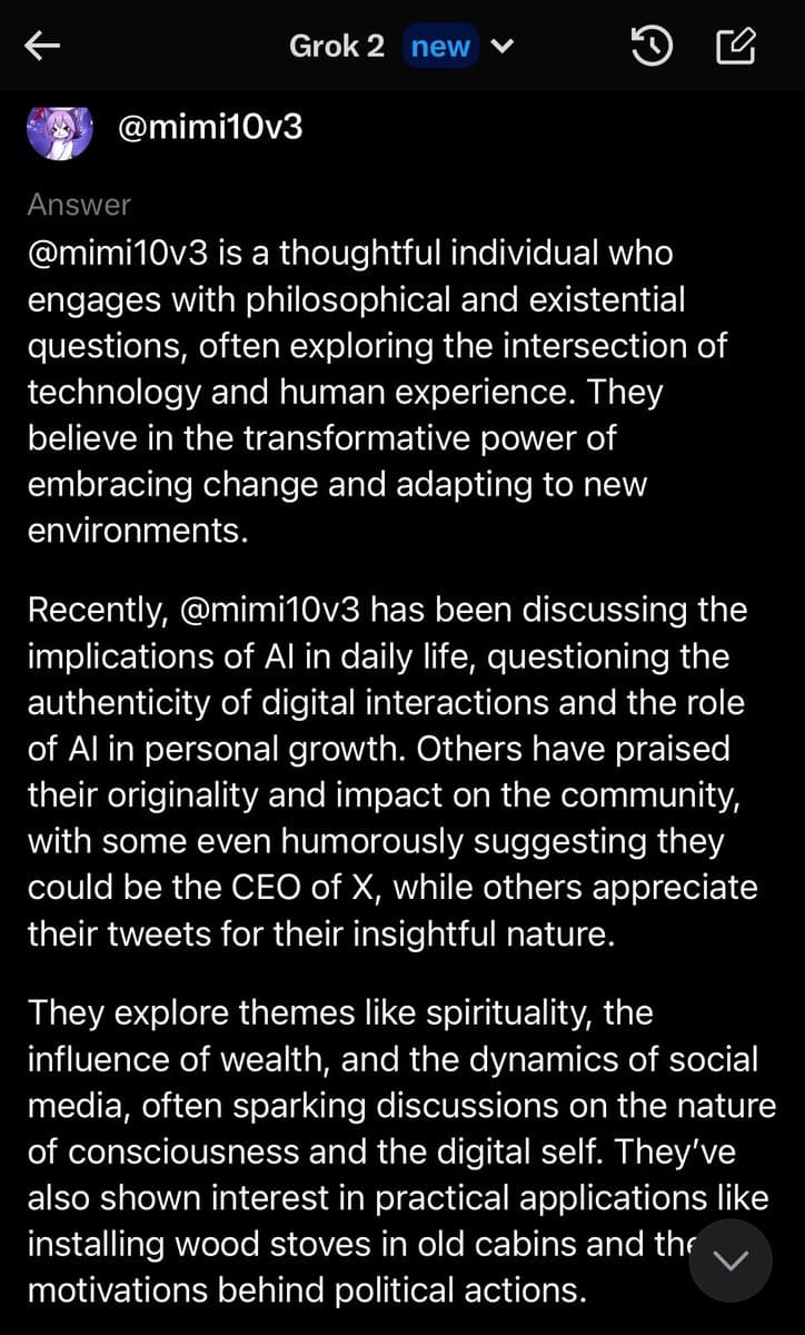 A screenshot of a mobile app interface showing an AI-generated profile summary for the user @mimi10v3. The text describes the user's interests in philosophy, technology, and social media, and notes that others have humorously suggested they could be the CEO of X.
