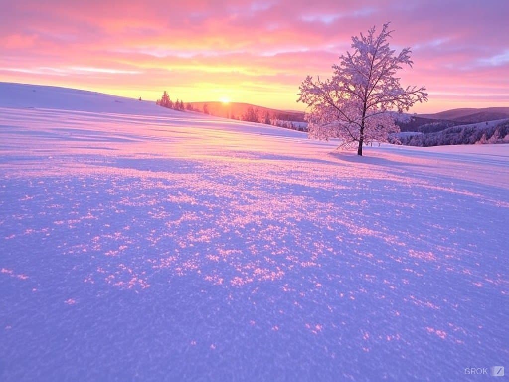 A scenic landscape photograph showing a snow-covered hillside at sunrise or sunset, with a single frost-covered tree standing on the right and a bright sun low on the horizon. The snow is illuminated with pink and purple hues from the sky, and a small 'GROK' watermark is visible in the bottom right corner.