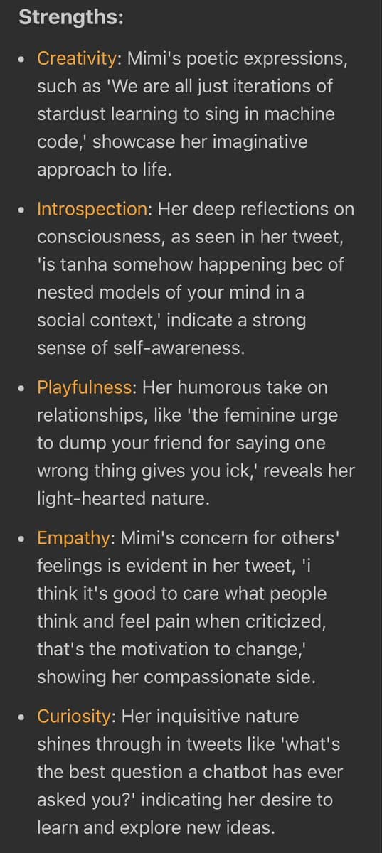 A screenshot of a text document listing 'Strengths' with bullet points describing a person named Mimi's personality traits. The text highlights her creativity, introspection, playfulness, empathy, and curiosity, citing examples from her tweets.