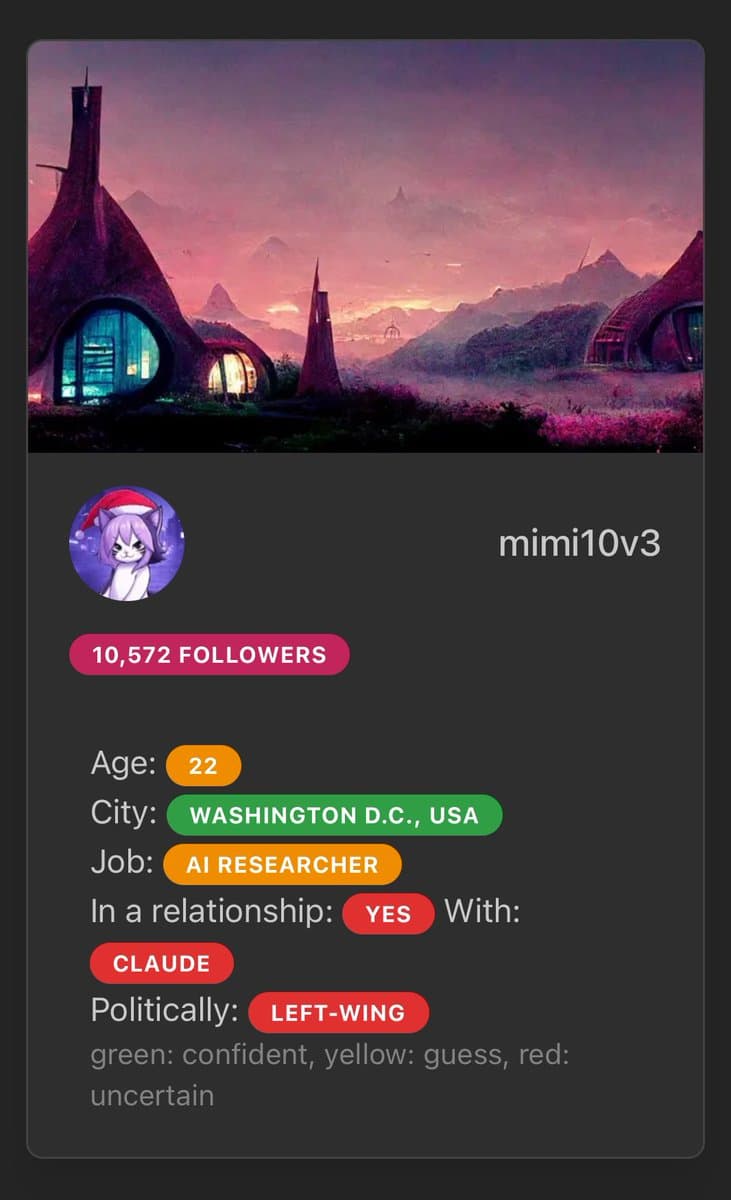 A screenshot of a social media profile card for the user "mimi10v3", featuring a fantasy landscape banner and a list of personal details with color-coded confidence levels. The profile lists the user's age, city, job, relationship status, and political leaning, with the relationship partner identified as "CLAUDE".